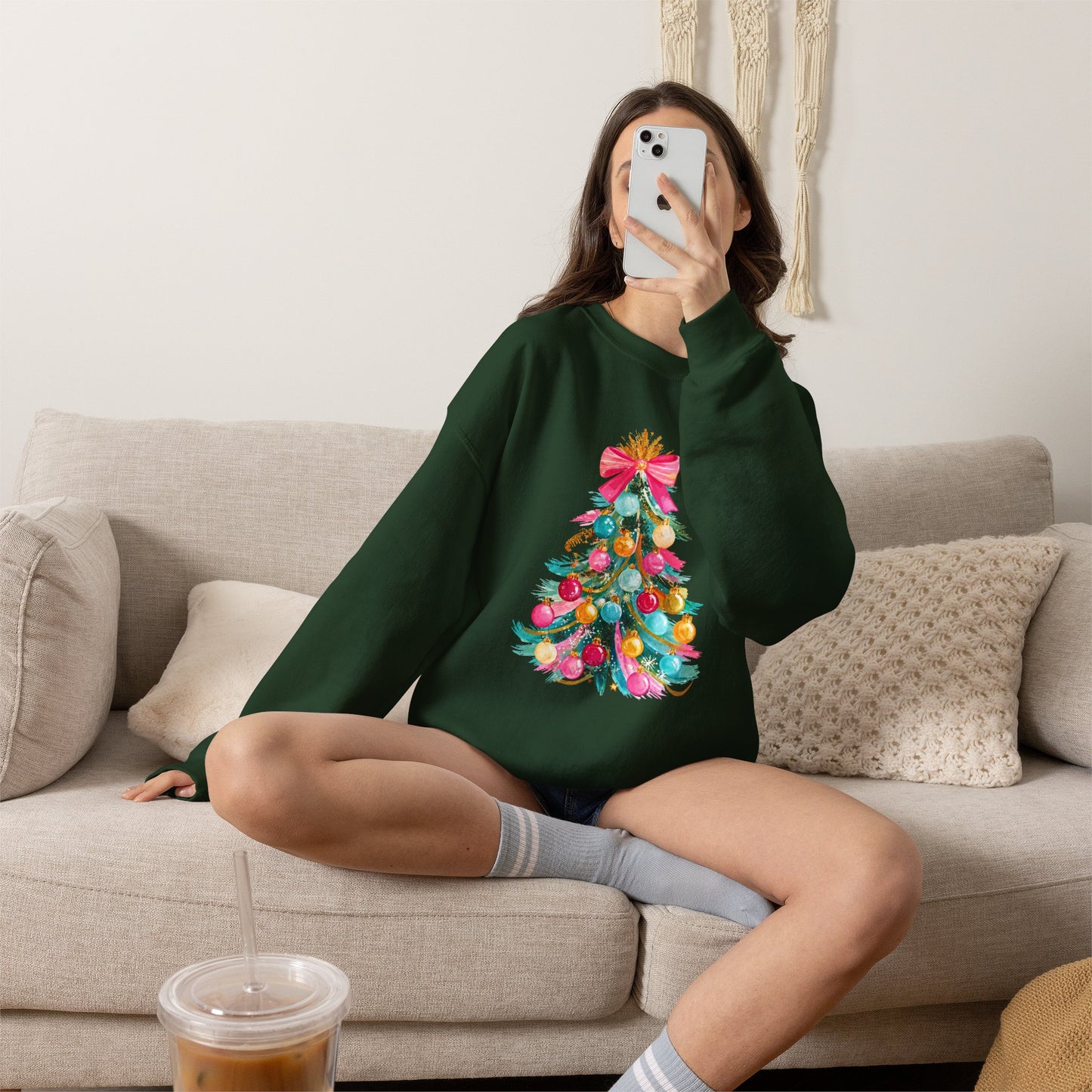Preppy Pastel Christmas OrnamentTree Crewneck Sweatshirt — Pastel Ornament Holiday Sweatshirt