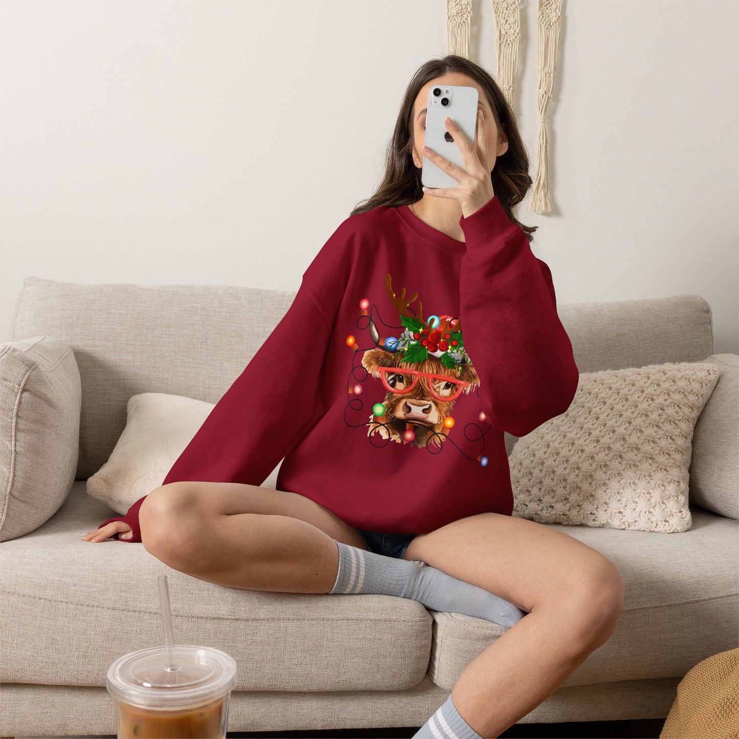 Christmas Highland Cow Crewneck Reindeer Sweatshirt – Festive Holiday Lights Design