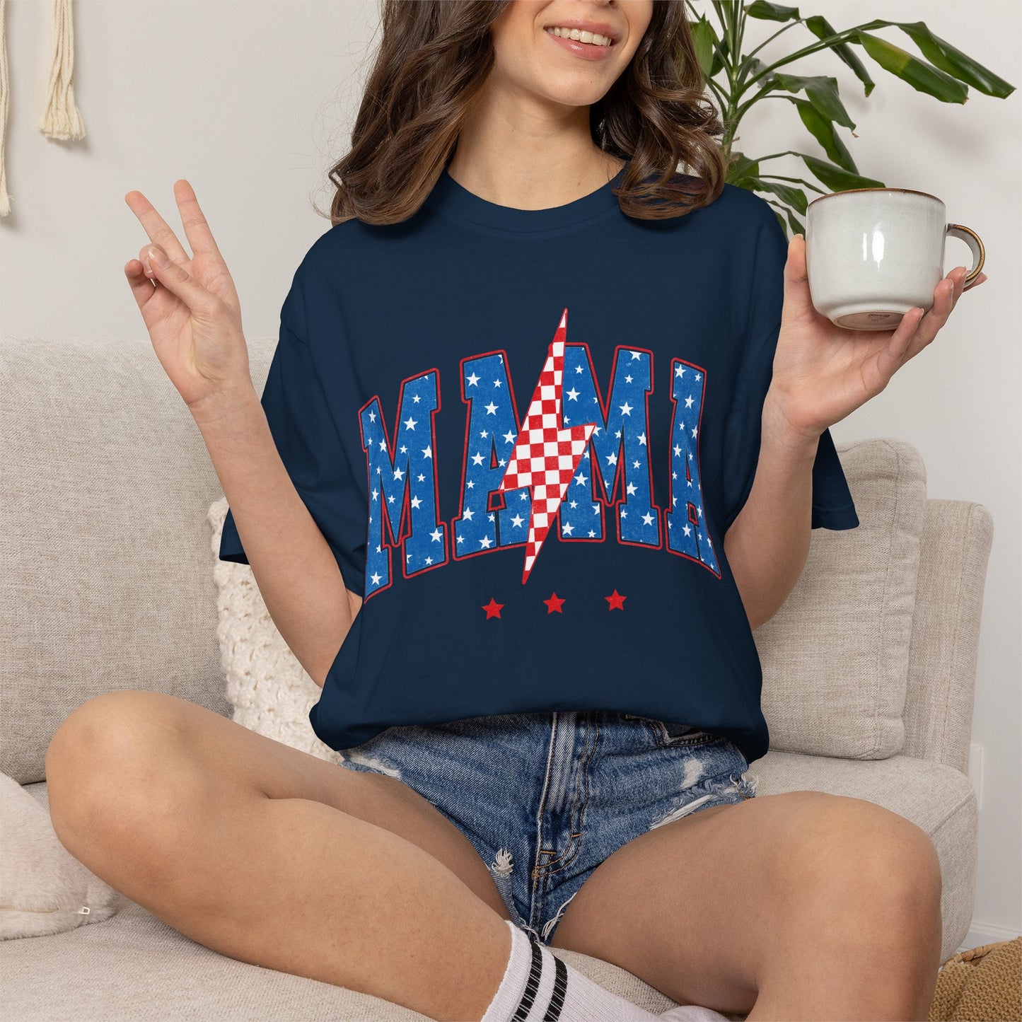 Patriotic MAMA Shirt • Lightning Bolt Mama Tee • Red White Blue Americana Graphic