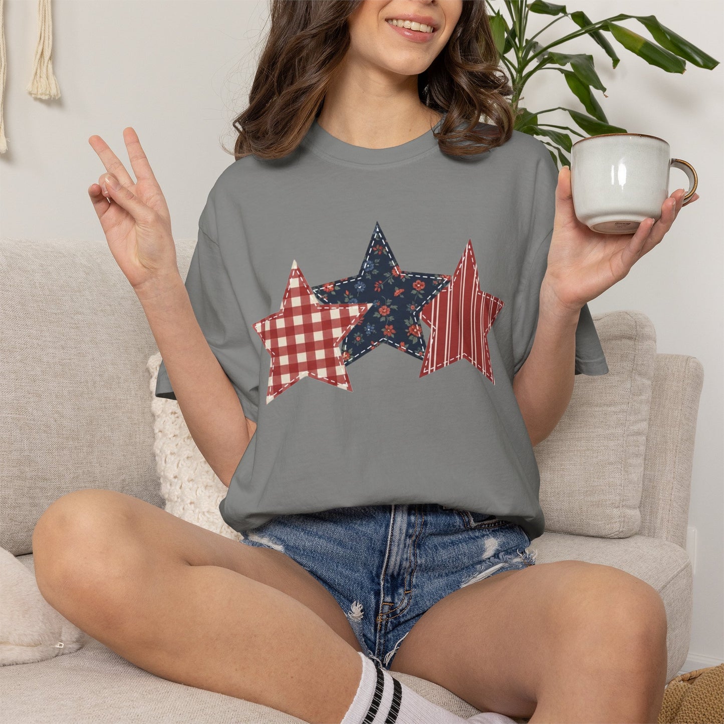 4th of July Patchwork Star T-Shirt for Summer nights • Floral Gingham Red White Blue USA Tee • Patriotic Outfit