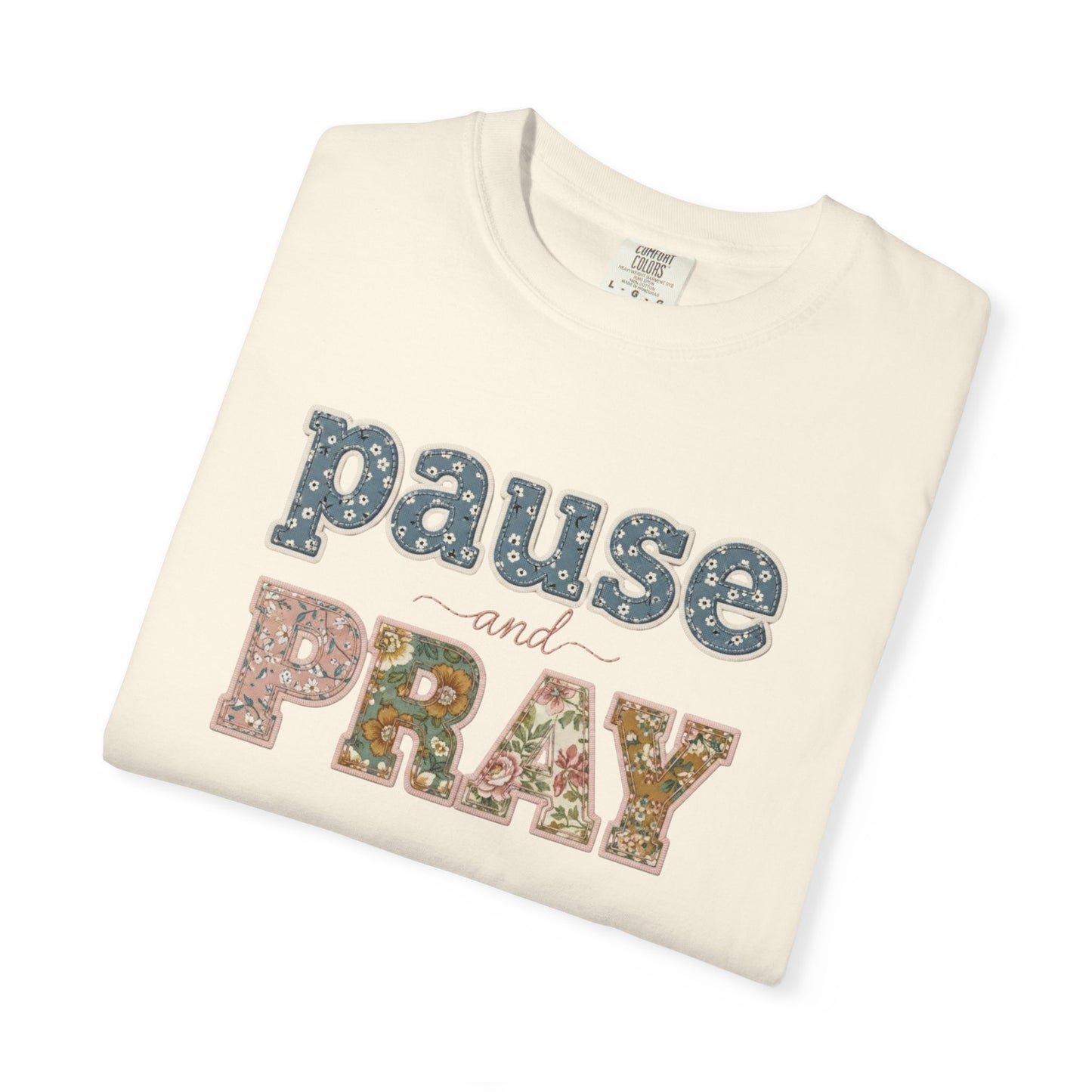 Pause and Pray Feux Patchwork Floral Scripture Tshirt • Vintage Cottagecore Christian Apparel for Women • Feminine Faith Aesthetic Tee