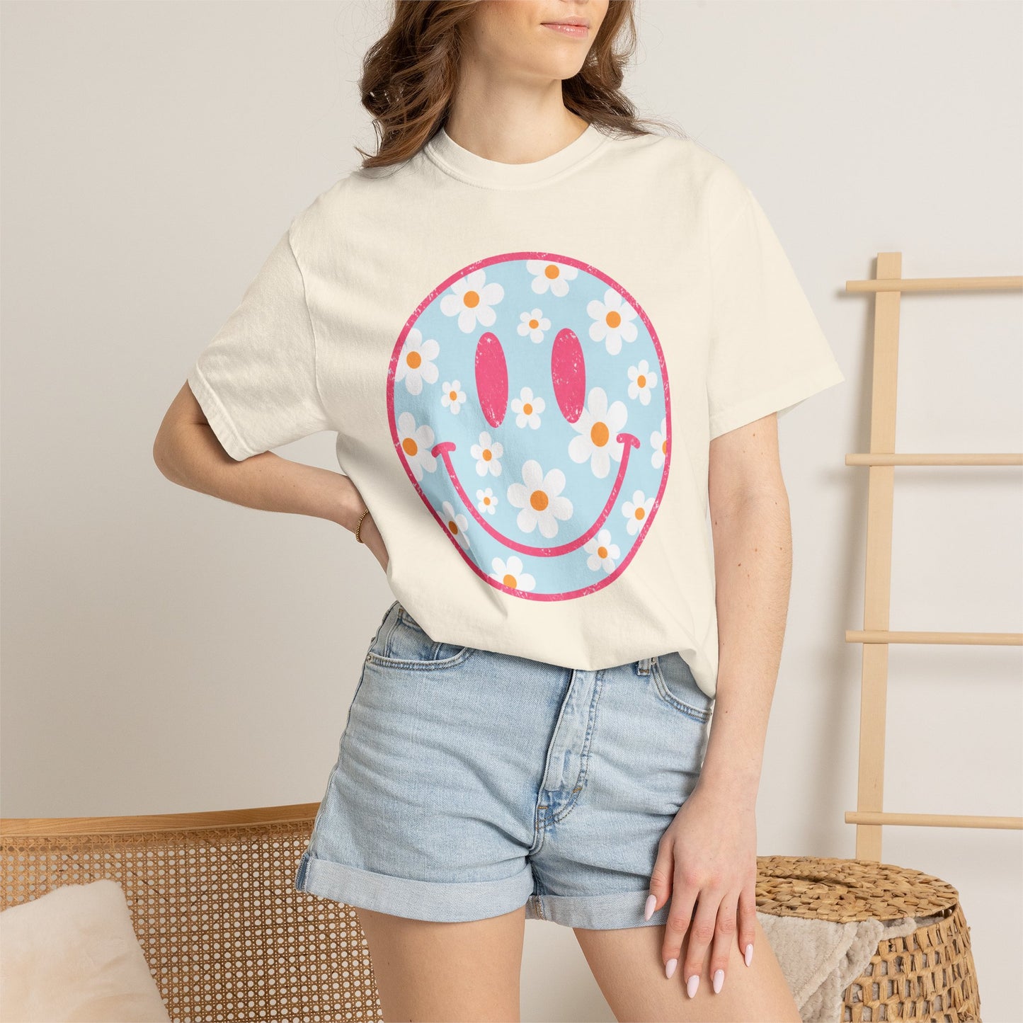 Pink Daisy Smiley Face Tee • Retro Floral Happy Face Shirt • Boutique Mama Graphic Tee