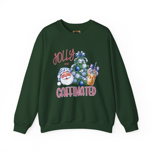 Jolly and Caffeinated Sweatshirt - Cozy Holiday Crewneck for Christmas, Winter, Gift, Festive Wear, Comfy Apparel