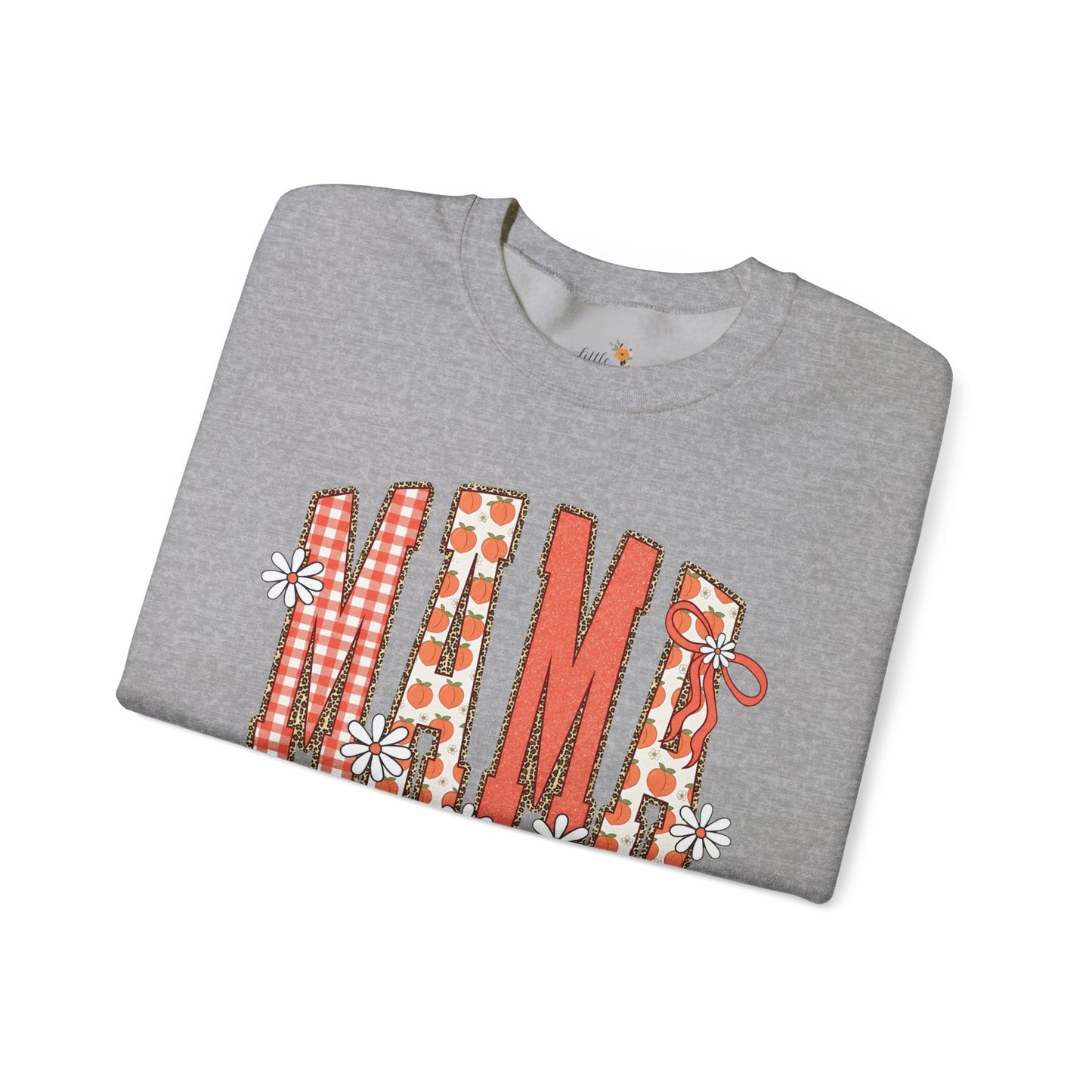 Daisy Peach MAMA Floral Sweatshirt • Spring Graphic Crew • Peach Gingham Mom pullover • Feminine Boutique Everyday Outfit
