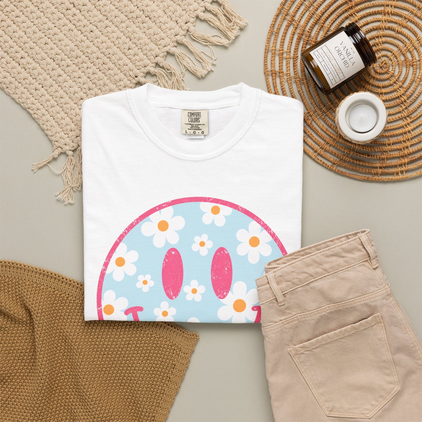 Pink Daisy Smiley Face Tee • Retro Floral Happy Face Shirt • Boutique Mama Graphic Tee