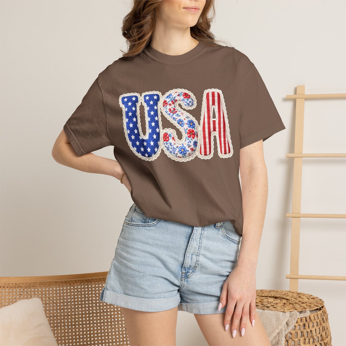 Floral Patchwork USA Shirt • Preppy Patriotic Tee • Vintage Americana Gingham Shirt • 4th of July Mom Outfit