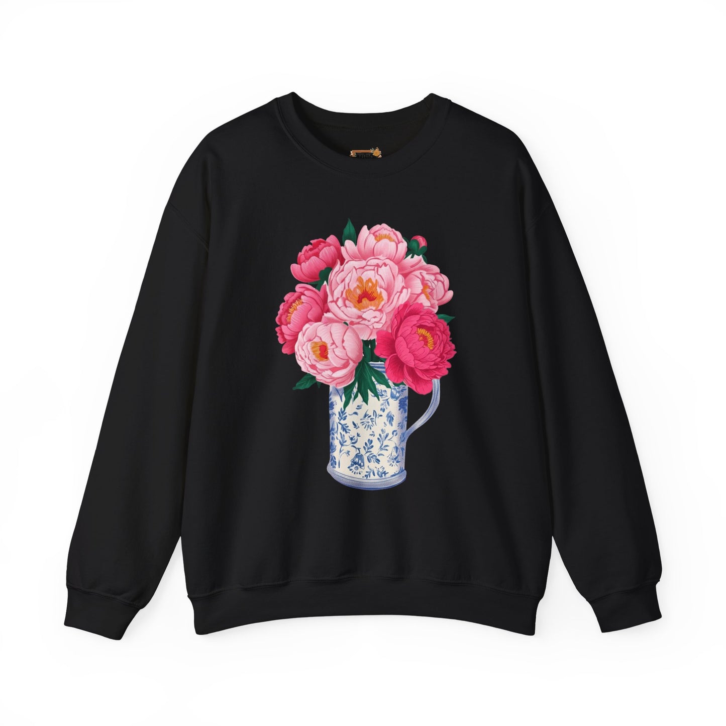 Pink Peonies in Blue Vintage Vase Floral Sweatshirt • Cottagecore Garden Bouquet Crewneck • Botanical Apparel