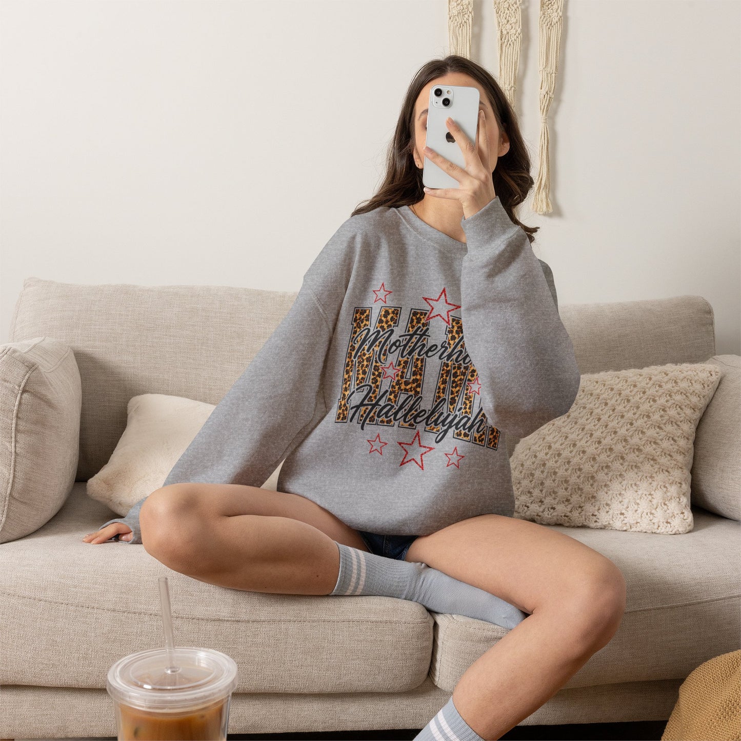 Motherhood Hallelujah Crewneck Sweatshirt — Leopard Flag Graphic