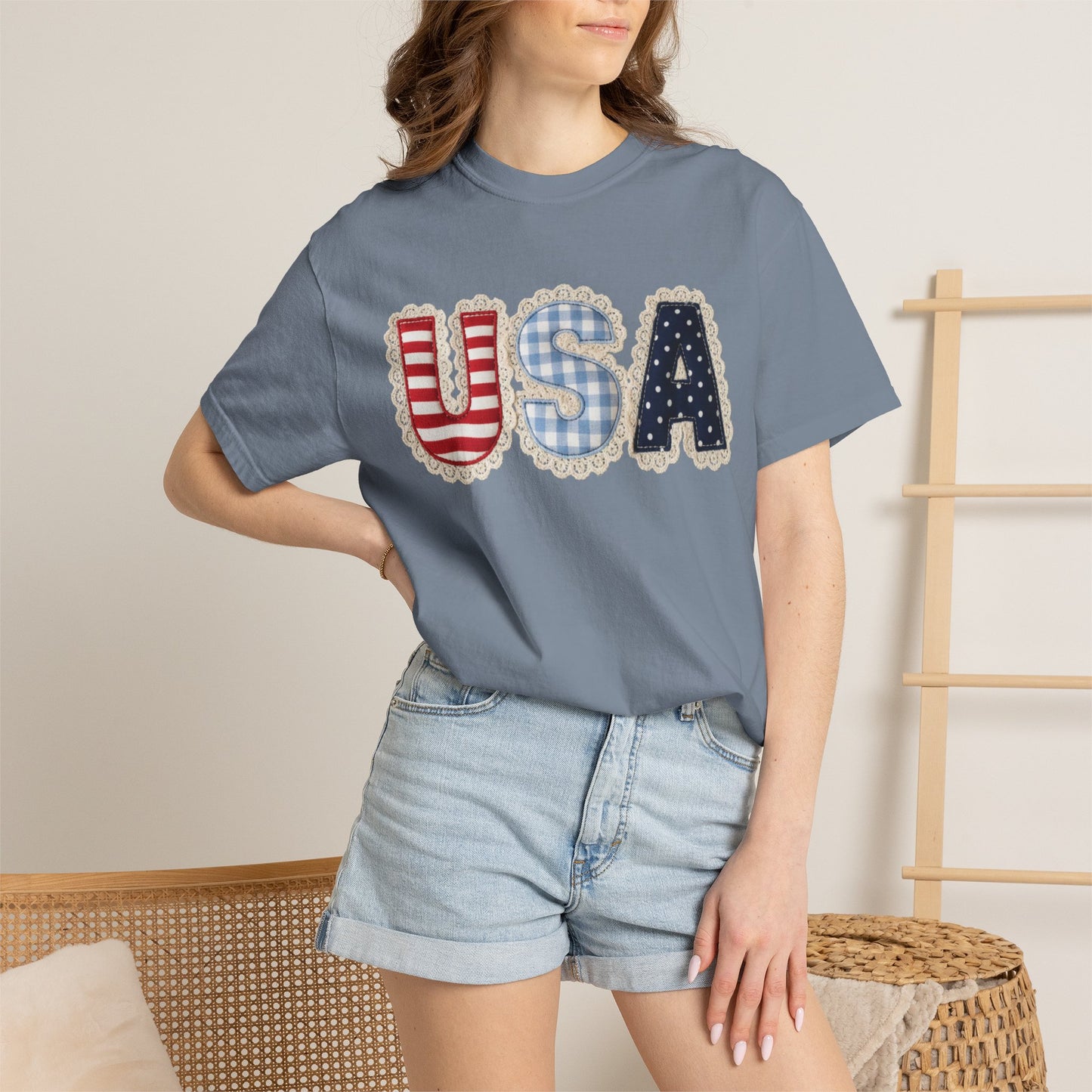 USA Patchwork Shirt • Preppy Patriotic Tee • Coquette Americana Top • Red White Blue Outfit Shirt