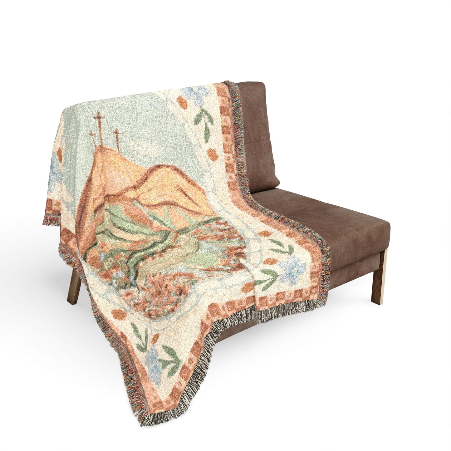 Spring Floral Cross Woven Blanket — Easter Landscape Cross & Floral Throw