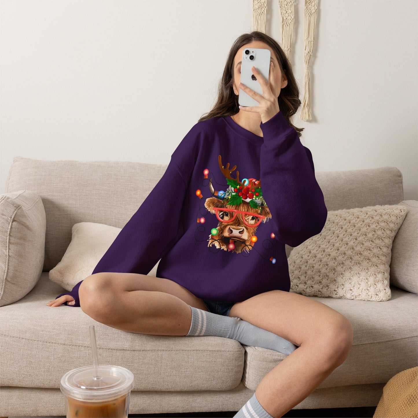 Christmas Highland Cow Crewneck Reindeer Sweatshirt – Festive Holiday Lights Design