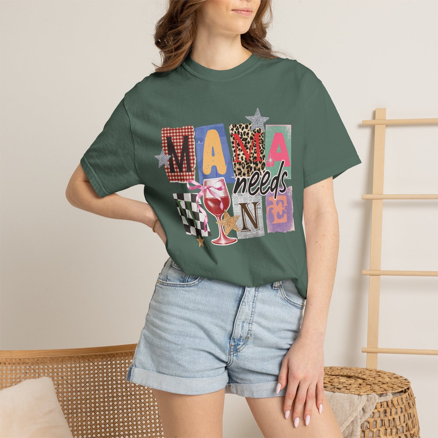 Mama Needs Wine Graphic Tee • Funny Mom Shirt Women • Trendy Patchwork Mixed Print Leopard Gingham Tee • Mom Life Shirt
