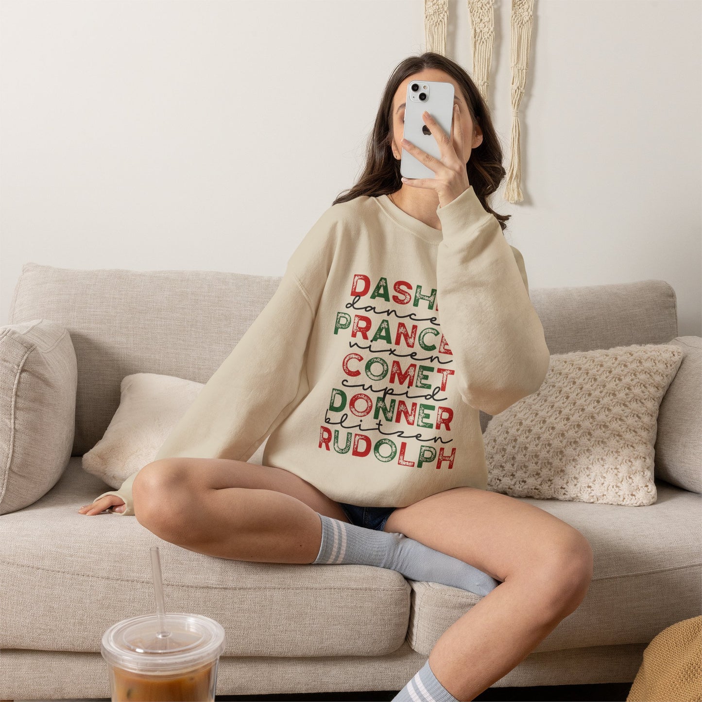Christmas Reindeer Names Crewneck Sweatshirt — Dasher, Dancer, Prancer, Comet, Donner, Blitzen, Rudolph