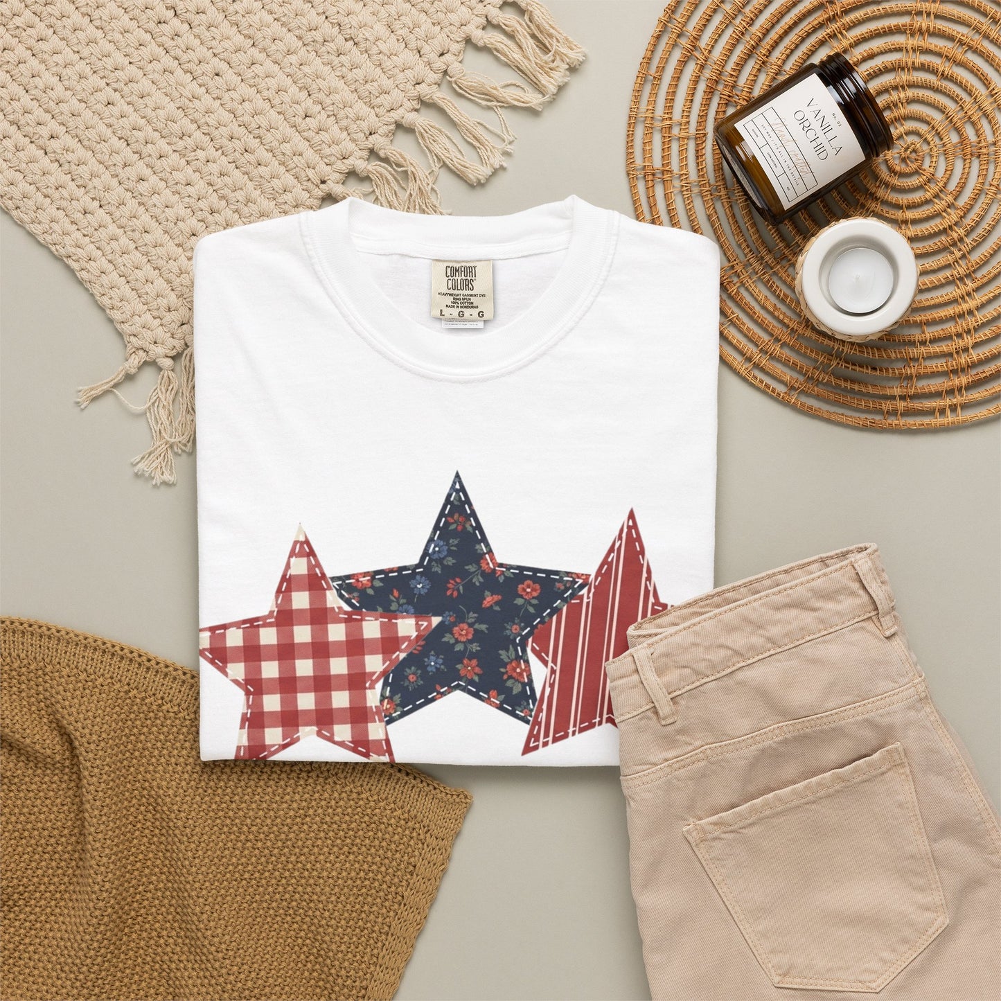4th of July Patchwork Star T-Shirt for Summer nights • Floral Gingham Red White Blue USA Tee • Patriotic Outfit