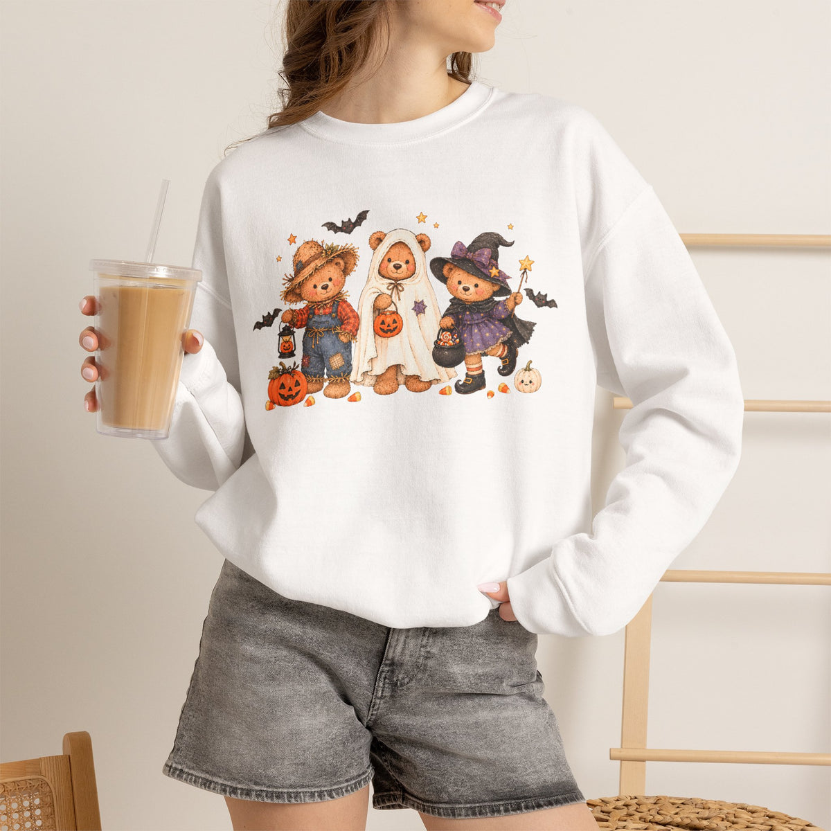 Halloween Teddy Bear Sweatshirt, Cute Trick or Treat Crewneck, Witch Ghost Scarecrow Bears, Spooky Season Fall Sweatshirt