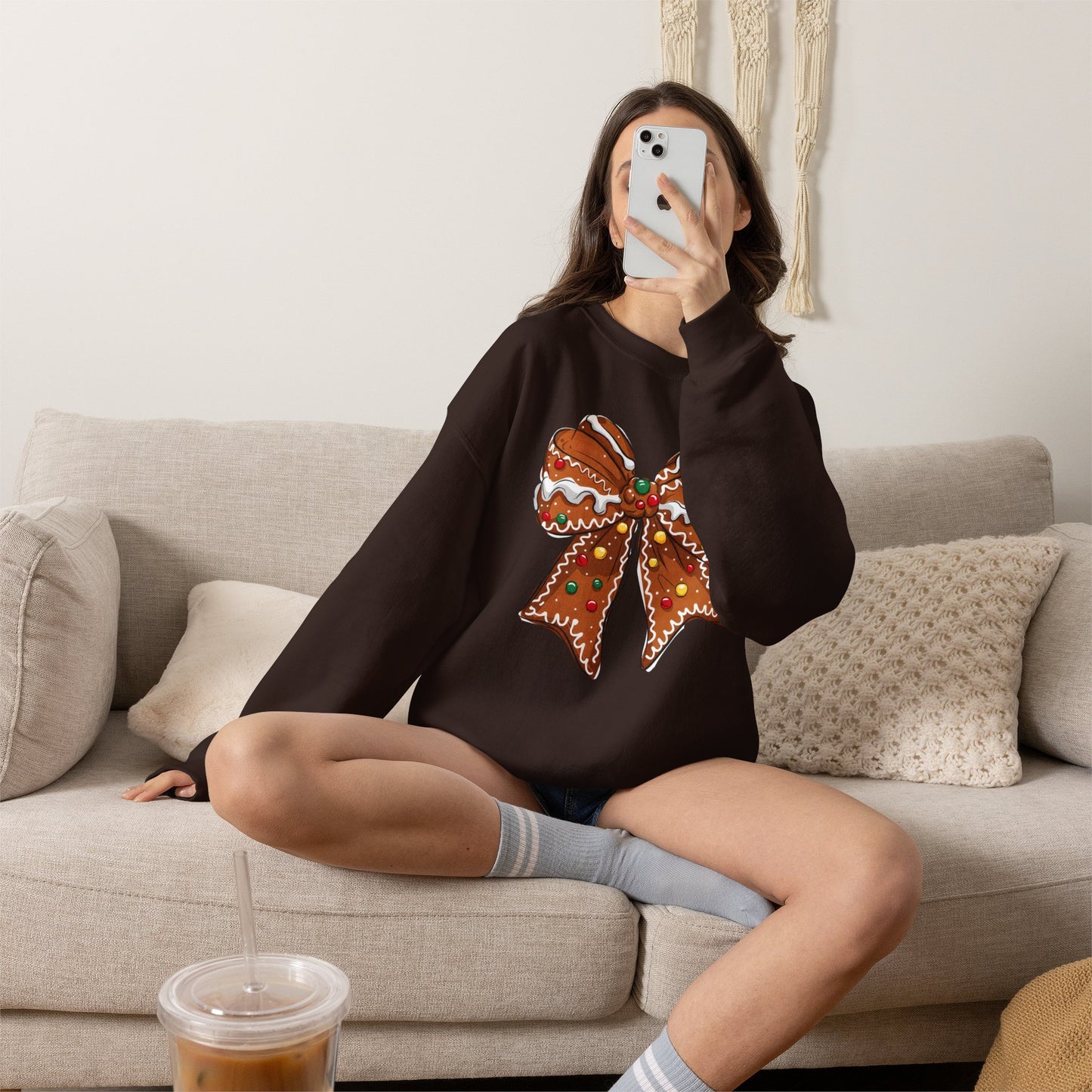 Gingerbread Bow Crewneck Sweatshirt — Holiday Christmas Cookie Graphic