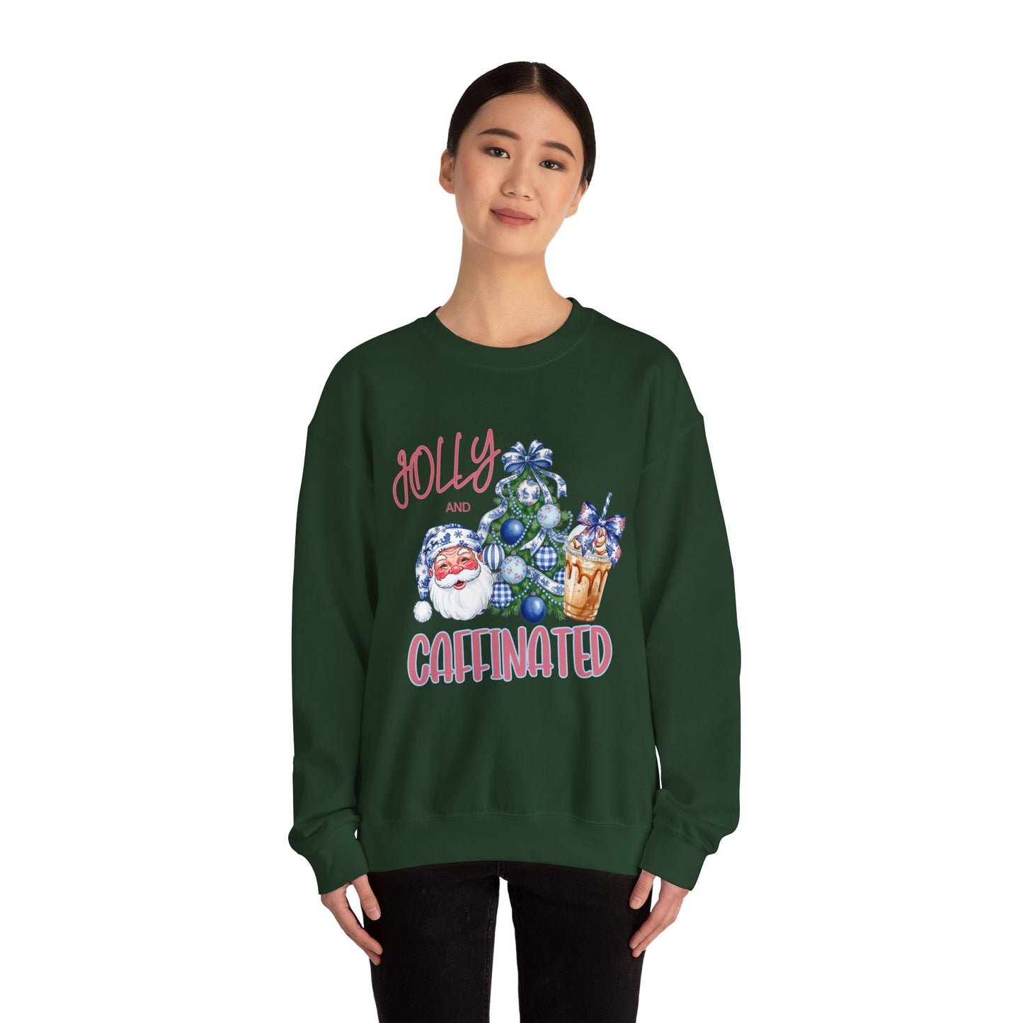 Jolly and Caffeinated Sweatshirt - Cozy Holiday Crewneck for Christmas, Winter, Gift, Festive Wear, Comfy Apparel