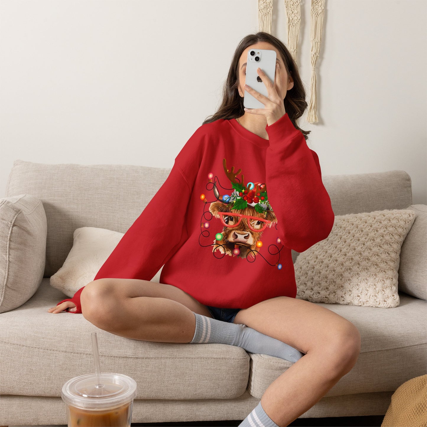 Christmas Highland Cow Crewneck Reindeer Sweatshirt – Festive Holiday Lights Design
