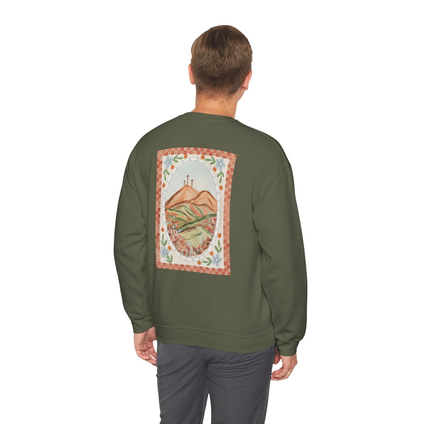 Easter Landscape Faith Sweatshirt (Front & Back) • Christian Mountain Cross Crewneck • Floral Resurrection Scene Graphic