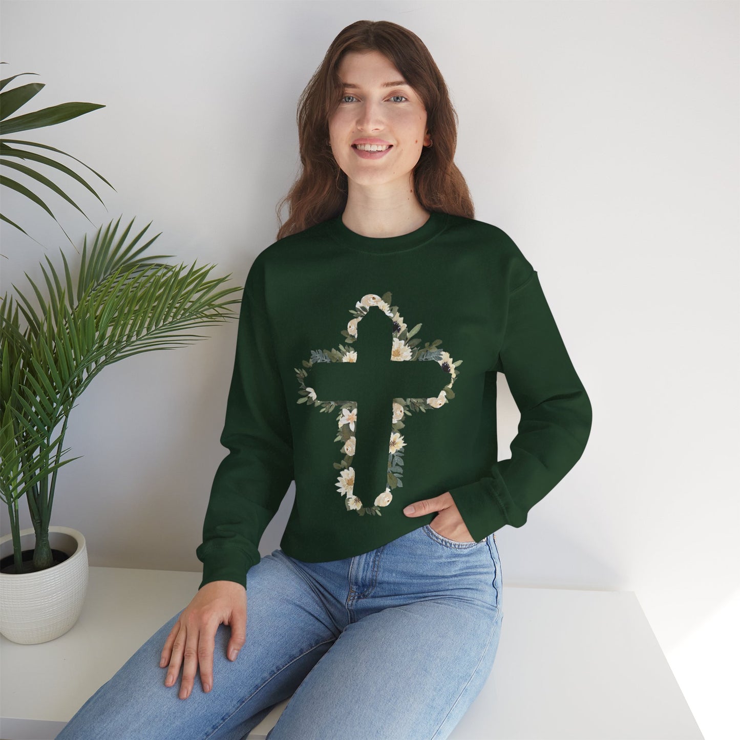 Floral Cross Crewneck Sweatshirt — Christian Faith Floral Pullover