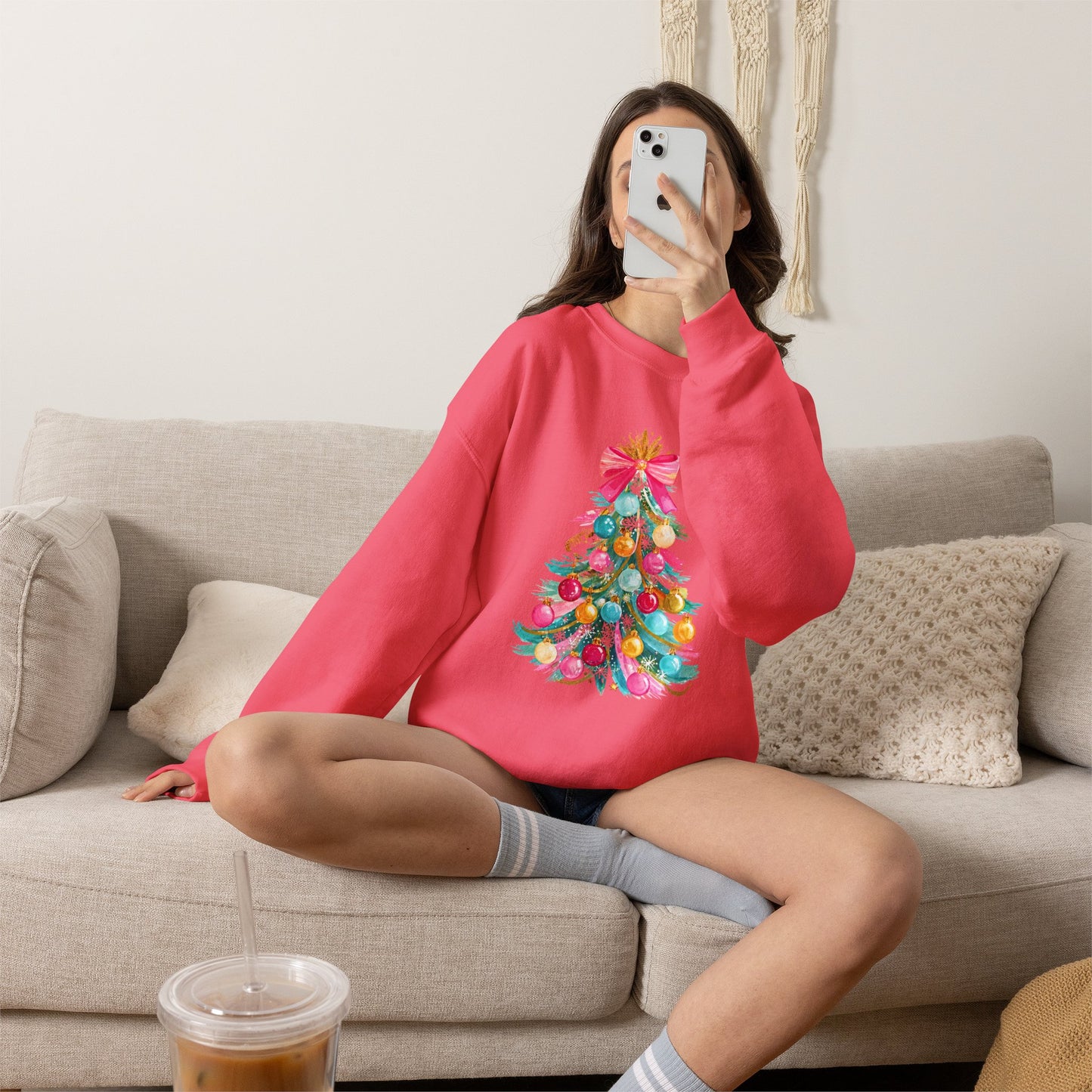 Preppy Pastel Christmas OrnamentTree Crewneck Sweatshirt — Pastel Ornament Holiday Sweatshirt