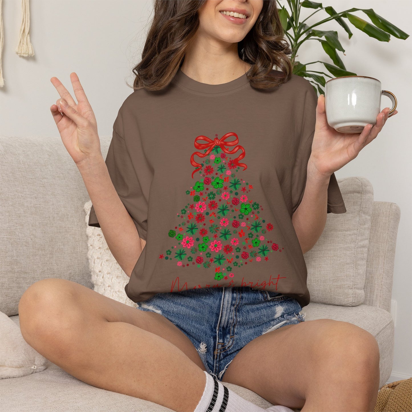 Merry & Bright Christmas Tree Shirt • Floral Christmas Tree Tee • Cute Pink & Green Holiday T-Shirt • Comfort Colors Christmas Shirt • Women's Christmas Tee