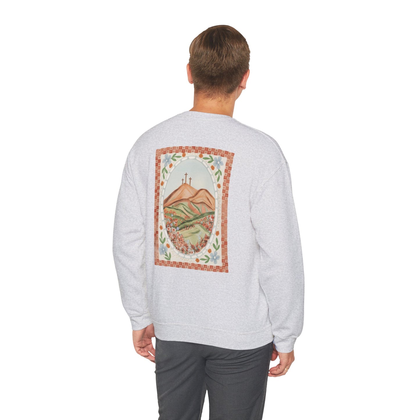 Easter Landscape Faith Sweatshirt (Front & Back) • Christian Mountain Cross Crewneck • Floral Resurrection Scene Graphic
