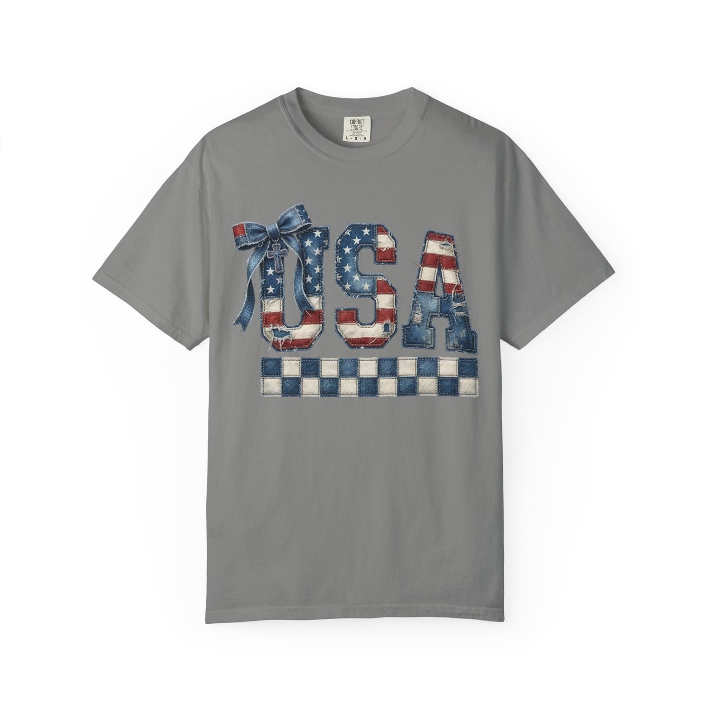 USA Patchwork Denim T-Shirt • Red White Blue Coquette Bow Tee • Americana Graphic Shirt