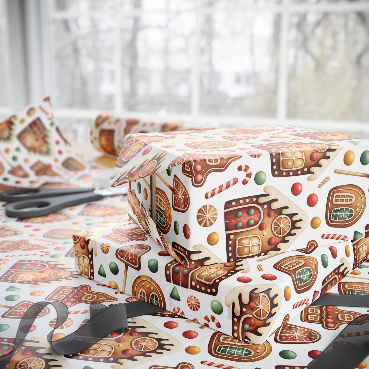 Gingerbread House Wrapping Paper | Candy Cane Cookie Pattern | Cozy Christmas Gift Wrap | Sweet Holiday Home Decor