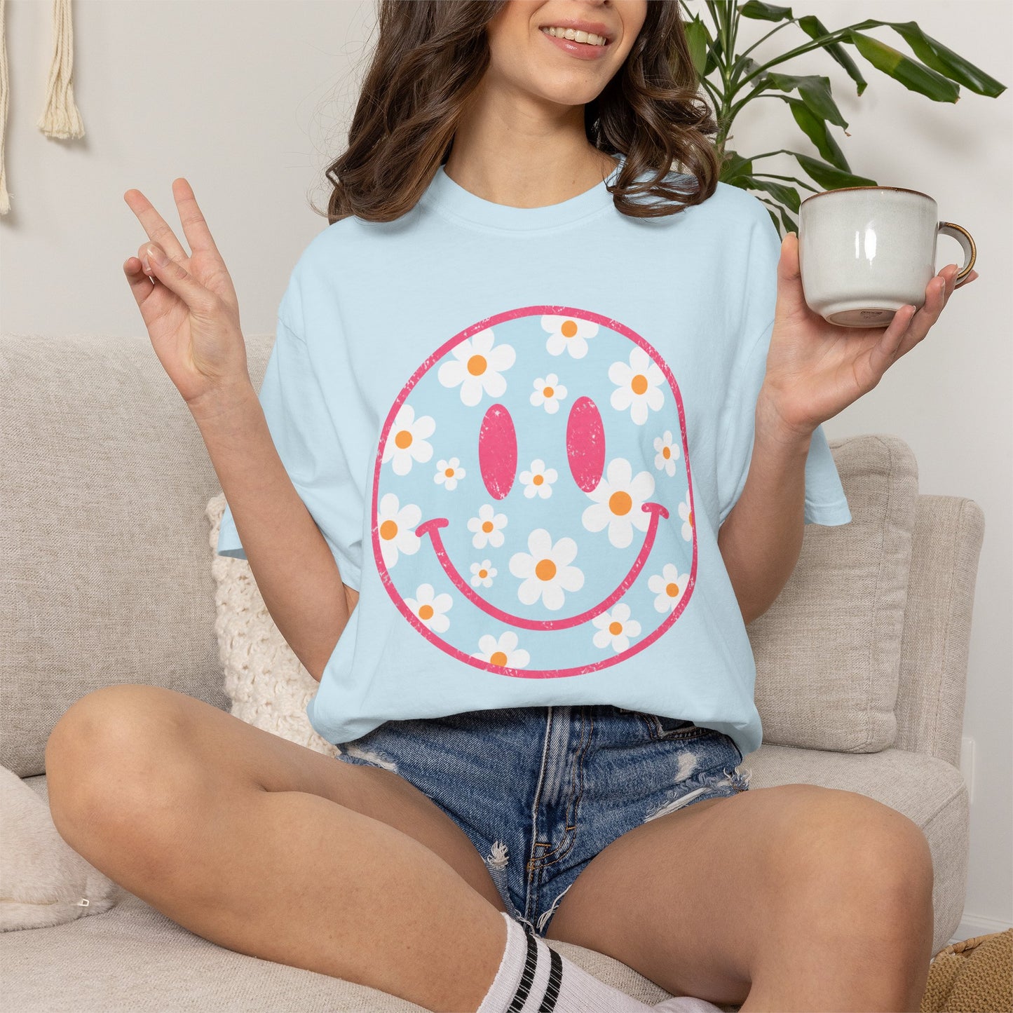 Pink Daisy Smiley Face Tee • Retro Floral Happy Face Shirt • Boutique Mama Graphic Tee