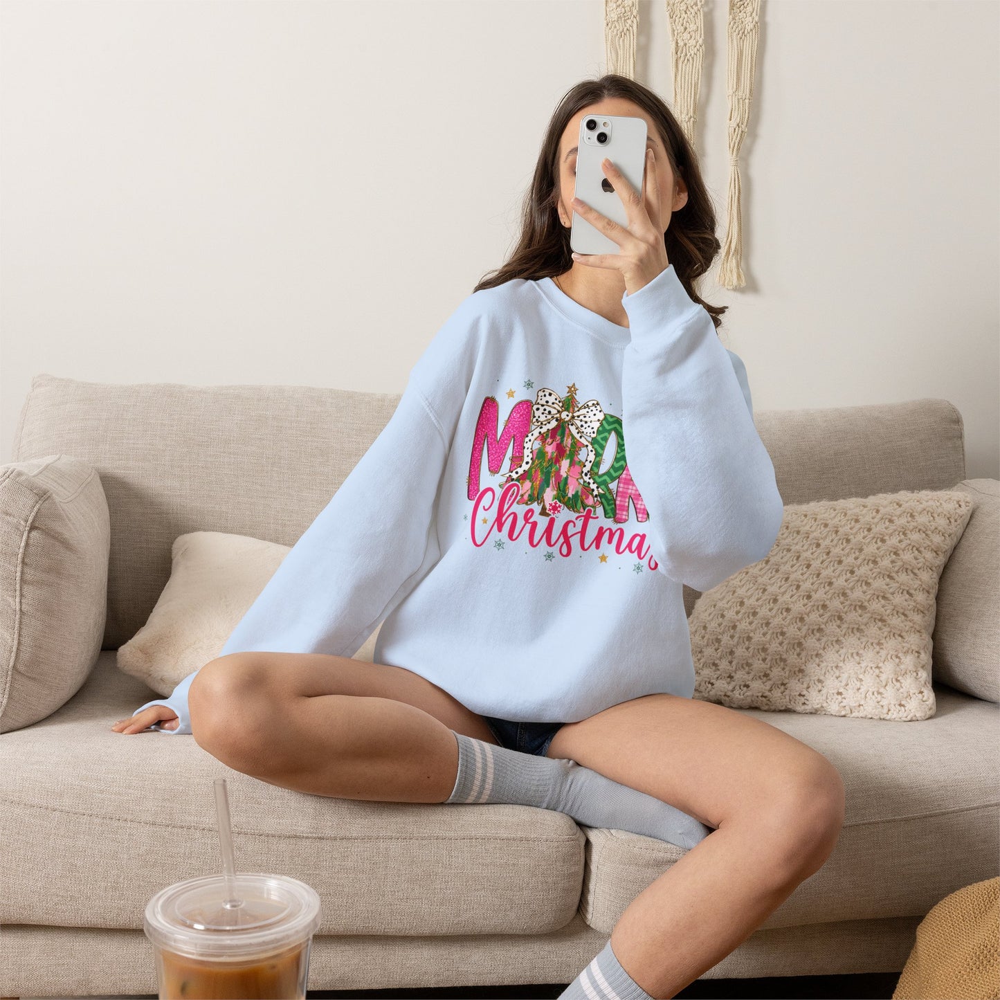 Christmas Crewneck Sweatshirt — 'Merry Christmas' Pink & Green Tree Design
