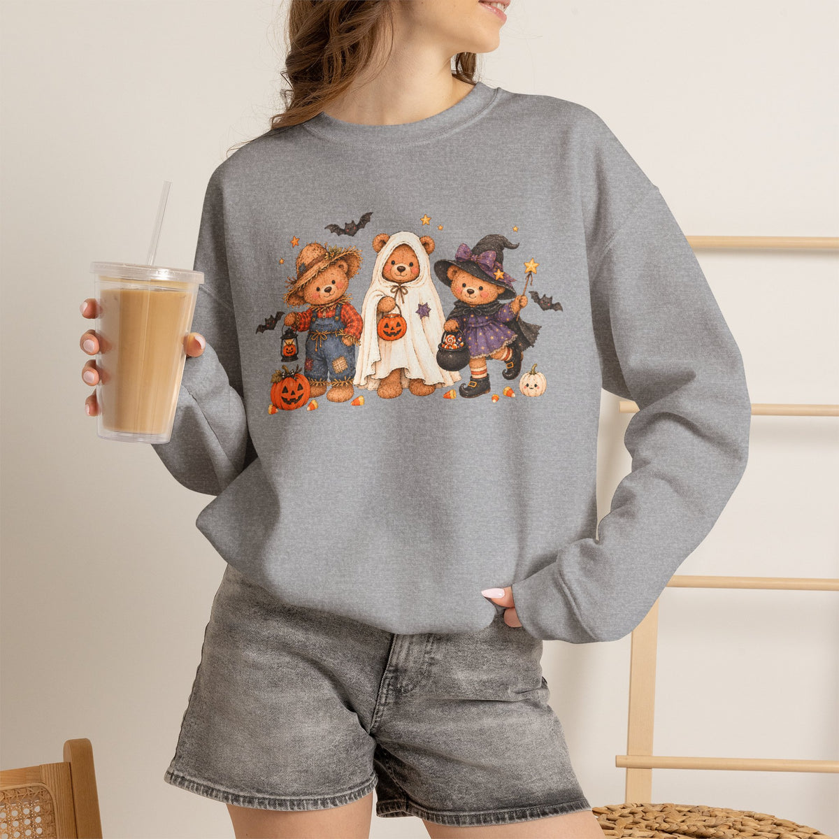 Halloween Teddy Bear Sweatshirt, Cute Trick or Treat Crewneck, Witch Ghost Scarecrow Bears, Spooky Season Fall Sweatshirt