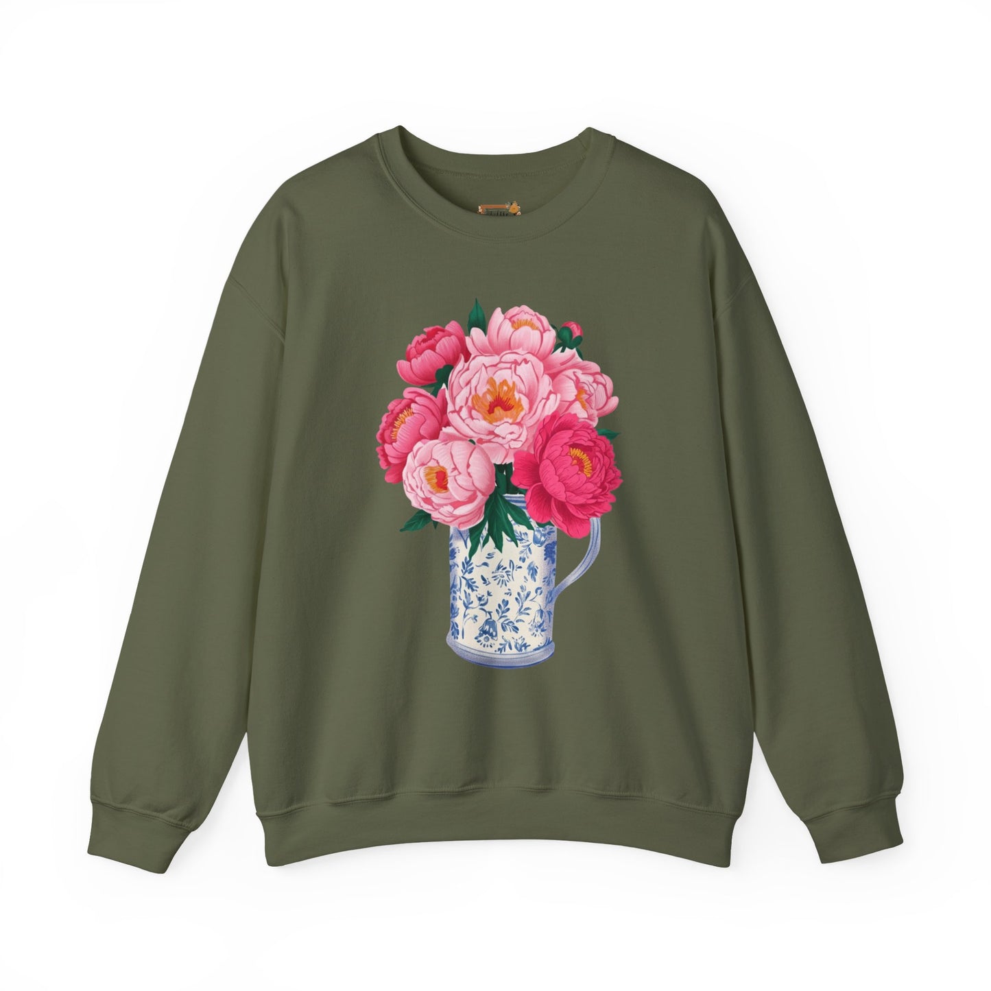Pink Peonies in Blue Vintage Vase Floral Sweatshirt • Cottagecore Garden Bouquet Crewneck • Botanical Apparel