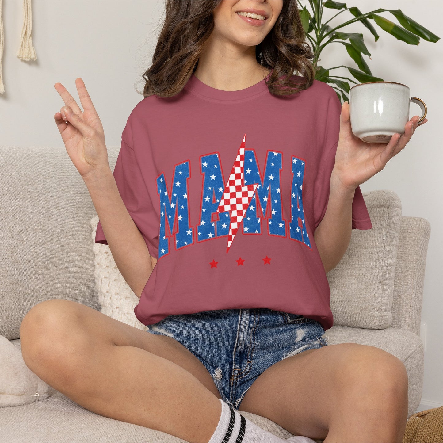 Patriotic MAMA Shirt • Lightning Bolt Mama Tee • Red White Blue Americana Graphic