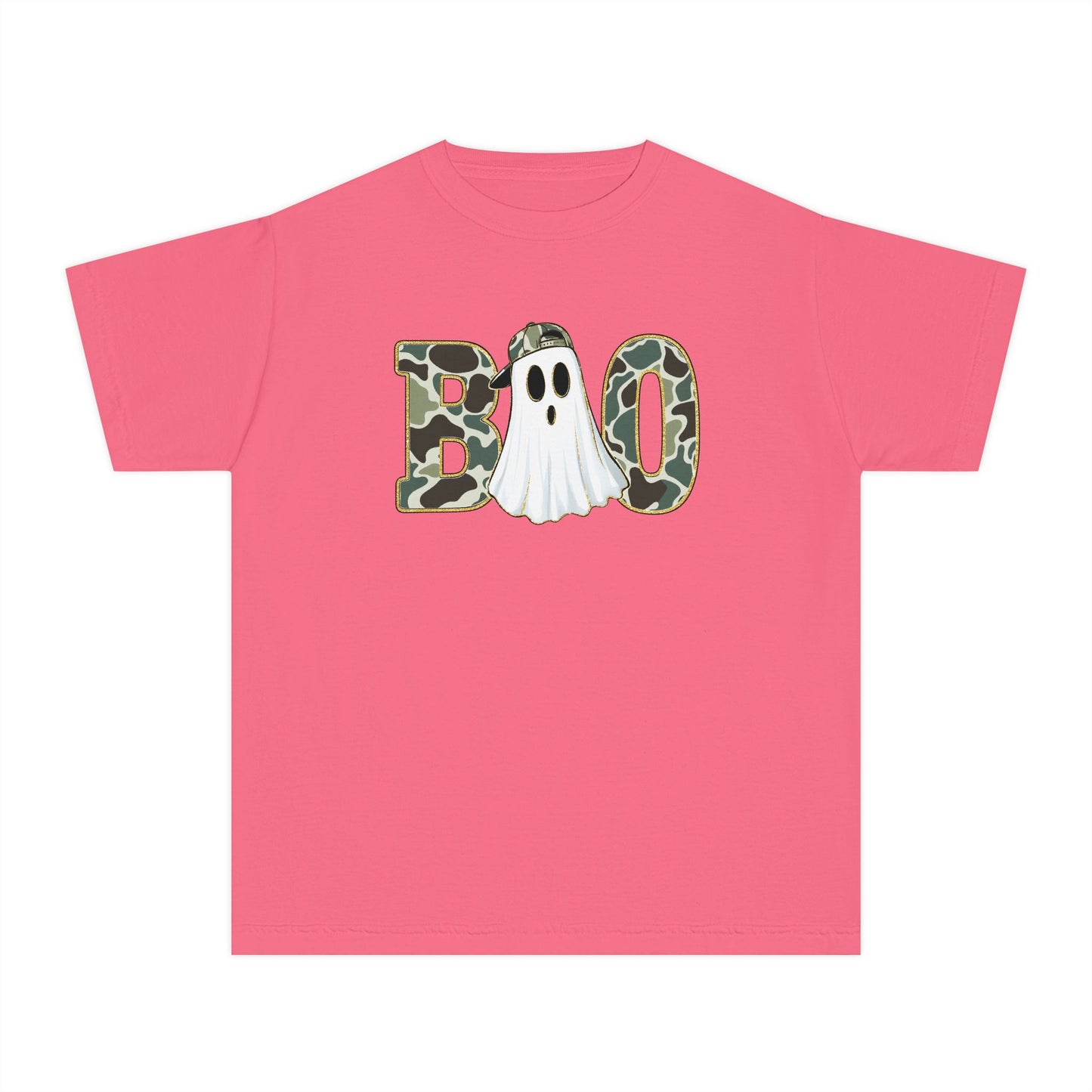 BOO Ghost Youth Tee — Camo Pattern Halloween Shirt for Kids