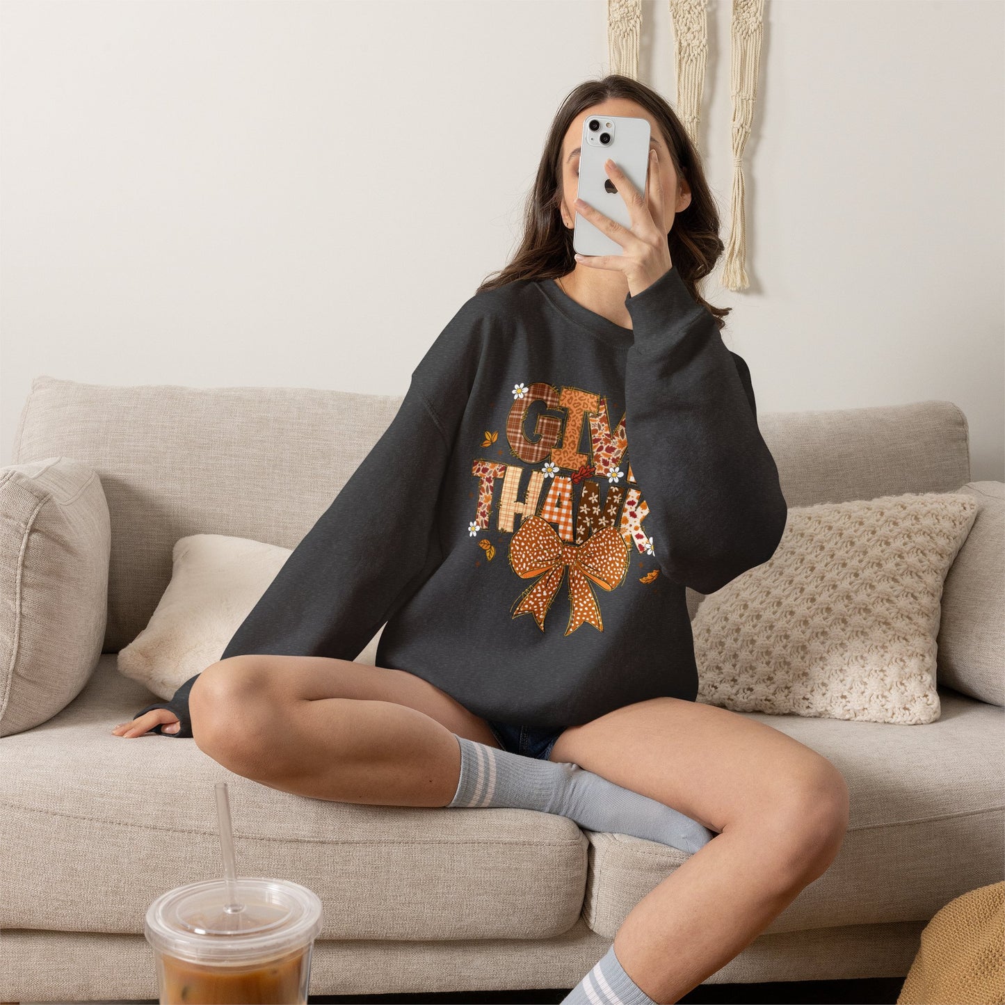 Give Thanks Crewneck Sweatshirt — Autumn Plaid Thanksgiving Pullover