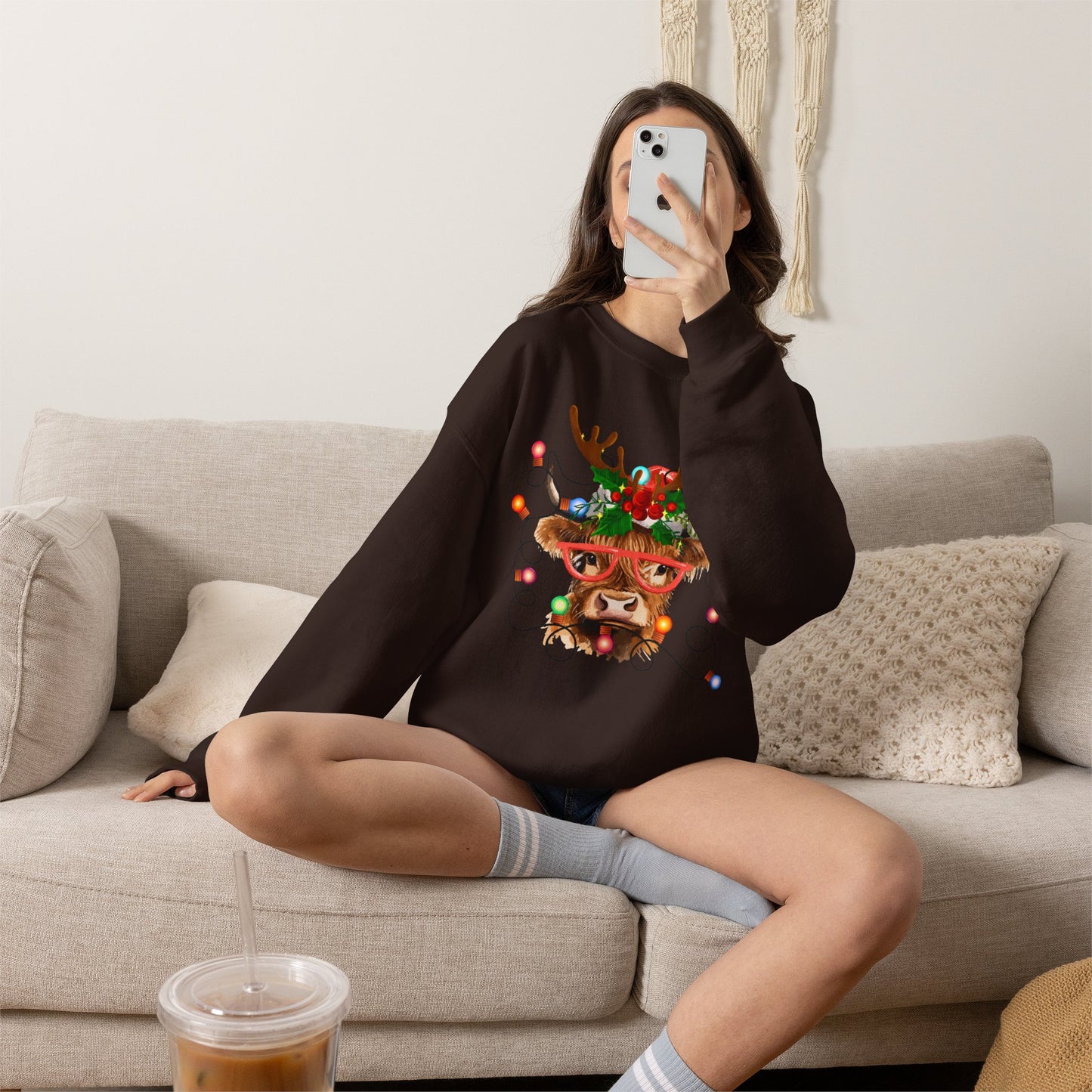 Christmas Highland Cow Crewneck Reindeer Sweatshirt – Festive Holiday Lights Design