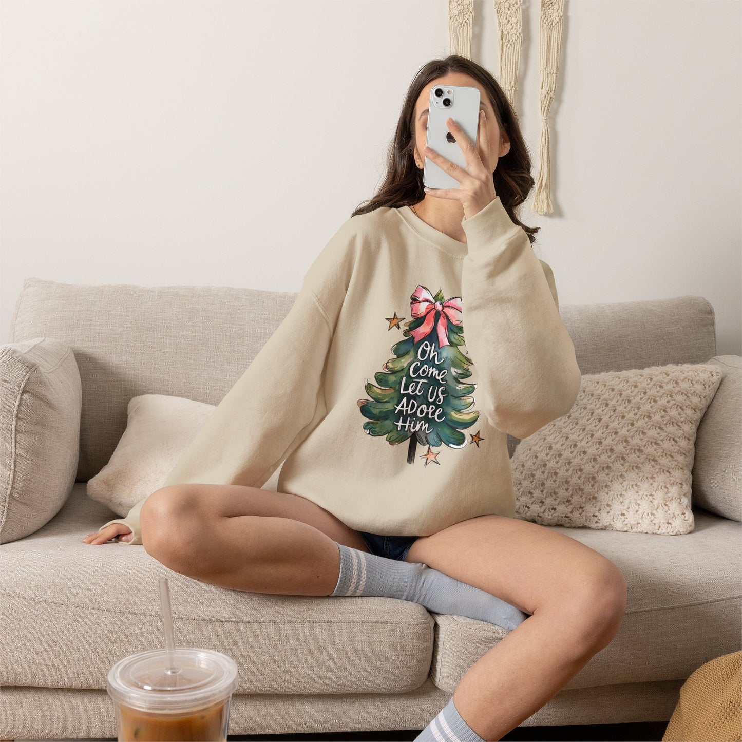 Christmas Tree Sweatshirt — "Oh Come Let Us Adore Him" Holiday Crewneck