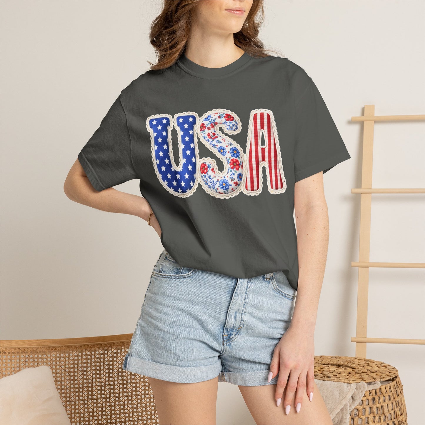 Floral Patchwork USA Shirt • Preppy Patriotic Tee • Vintage Americana Gingham Shirt • 4th of July Mom Outfit