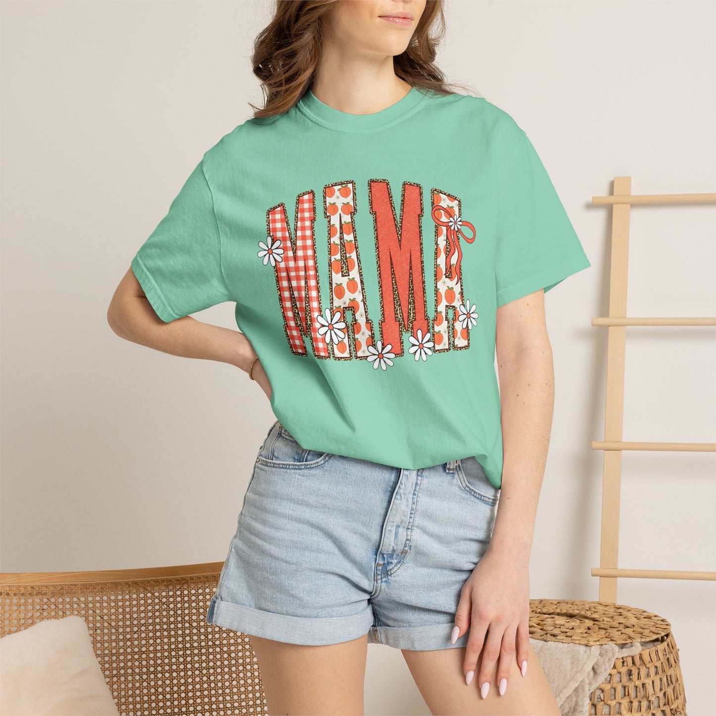 Daisy Peach MAMA Floral Shirt • Spring Graphic Tee • Peach Gingham Mom Shirt • Feminine Boutique Everyday Outfit