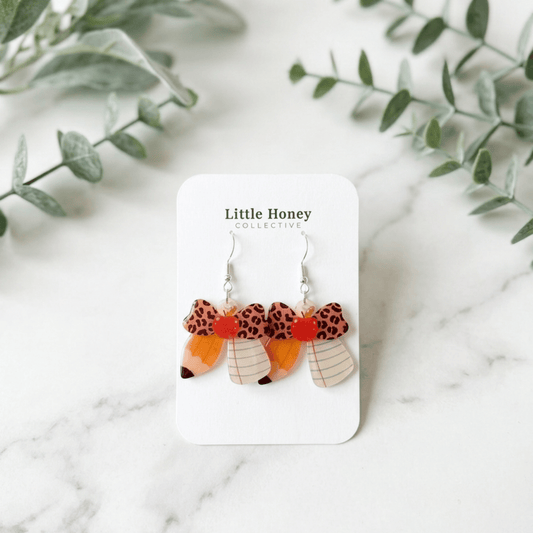 Teacher Pencil Bow Earrings • Back to School Theme Jewelry • Hypoallergenic • Pearl Drop, Studs & Dangles