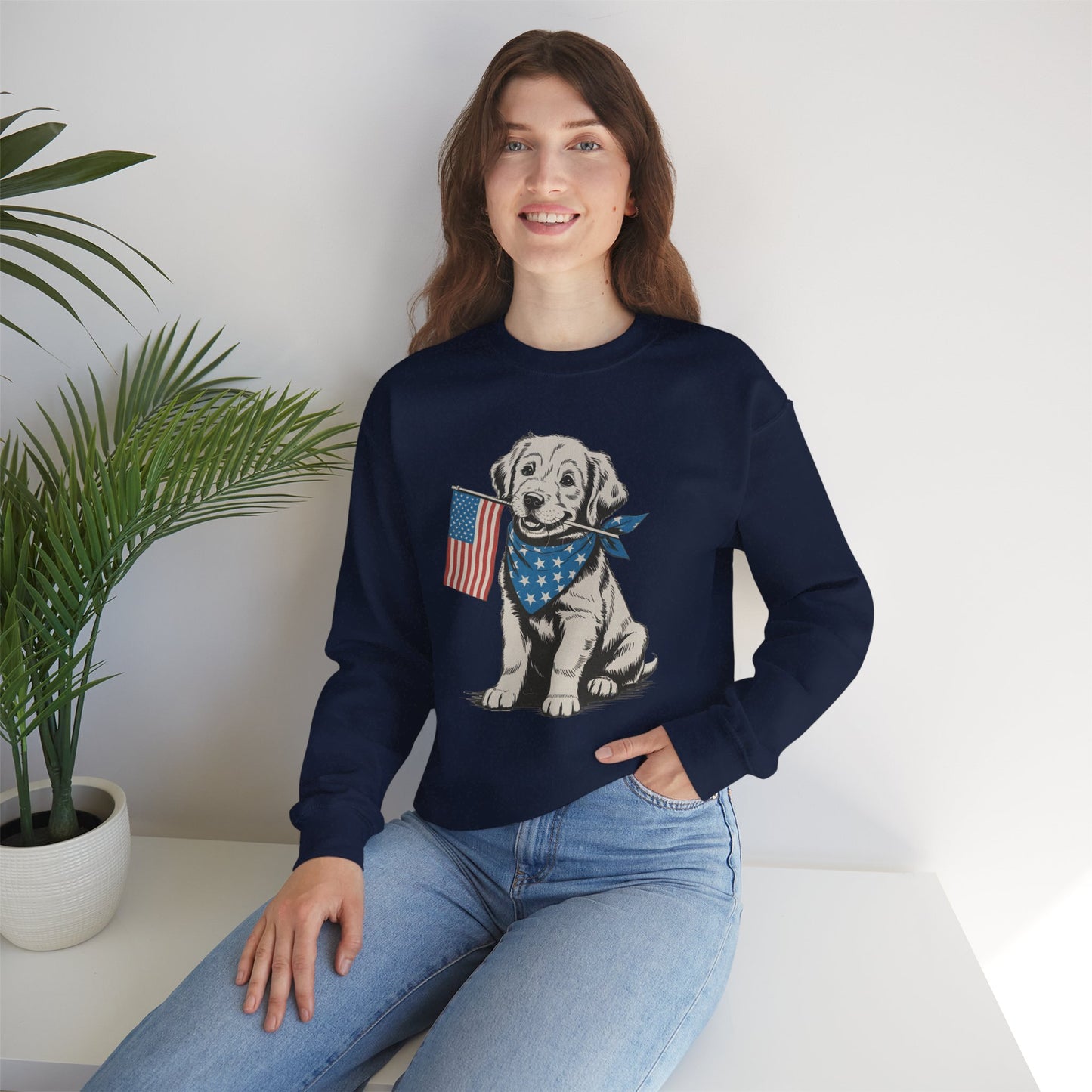 4th of July Patriotic Dog Puppy Crewneck • Americana Dog Lover Graphic sweatshirt • Red White Blue Flag