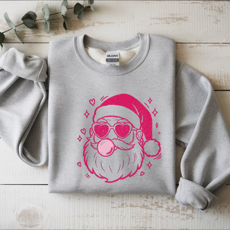 Boujee Santa Crewneck Sweatshirt | Trendy Christmas Bubblegum Santa with Heart Sunglasses | Unisex Cozy Holiday Sweater for Winter Fun