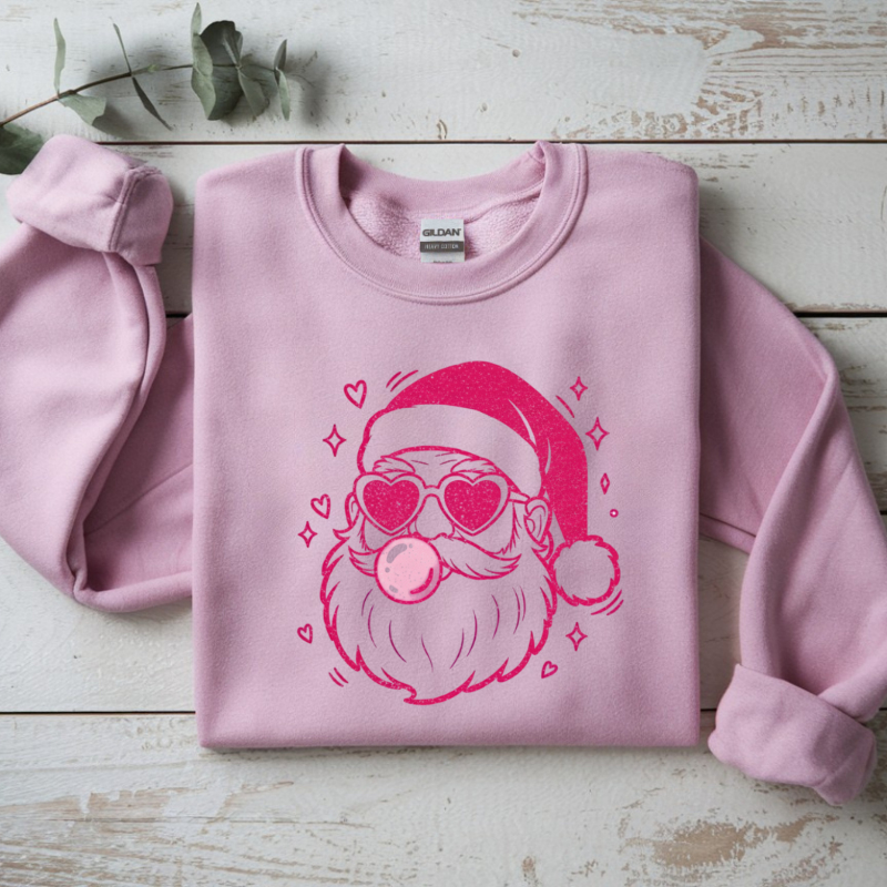 Boujee Santa Crewneck Sweatshirt | Trendy Christmas Bubblegum Santa with Heart Sunglasses | Unisex Cozy Holiday Sweater for Winter Fun