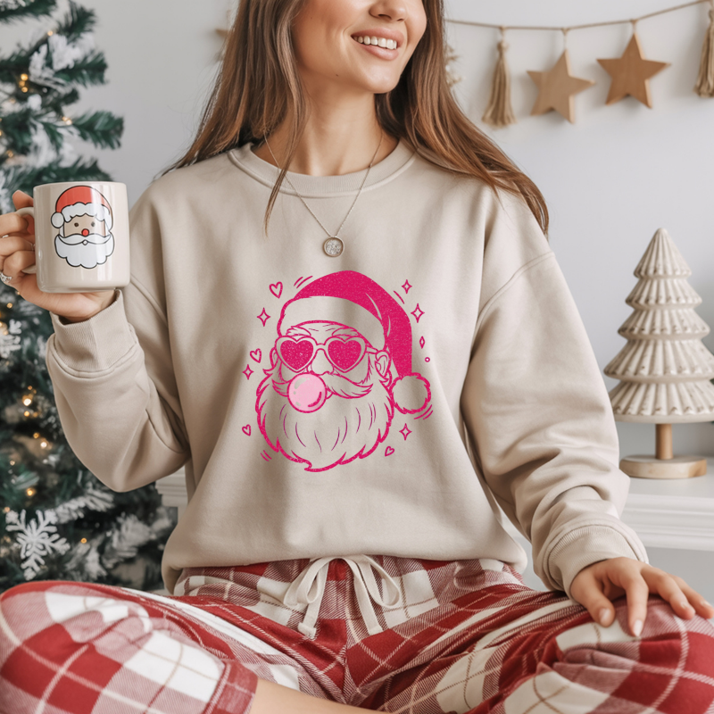Boujee Santa Crewneck Sweatshirt | Trendy Christmas Bubblegum Santa with Heart Sunglasses | Unisex Cozy Holiday Sweater for Winter Fun