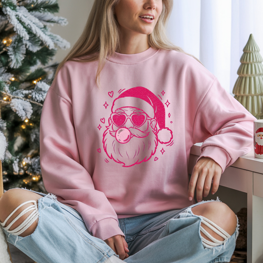 Boujee Santa Crewneck Sweatshirt | Trendy Christmas Bubblegum Santa with Heart Sunglasses | Unisex Cozy Holiday Sweater for Winter Fun