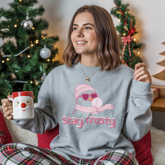 Stay Frosty Snowman Crewneck Sweatshirt | Trendy Christmas Bubblegum Snowman with Sunglasses | Cozy Unisex Holiday Sweater for Winter Fun