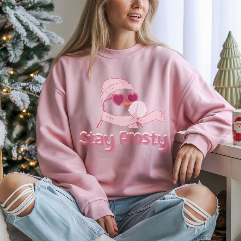 Stay Frosty Snowman Crewneck Sweatshirt | Trendy Christmas Bubblegum Snowman with Sunglasses | Cozy Unisex Holiday Sweater for Winter Fun