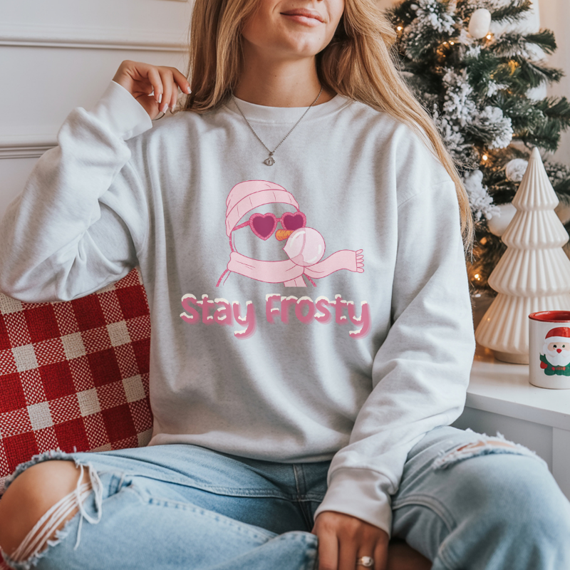 Stay Frosty Snowman Crewneck Sweatshirt | Trendy Christmas Bubblegum Snowman with Sunglasses | Cozy Unisex Holiday Sweater for Winter Fun
