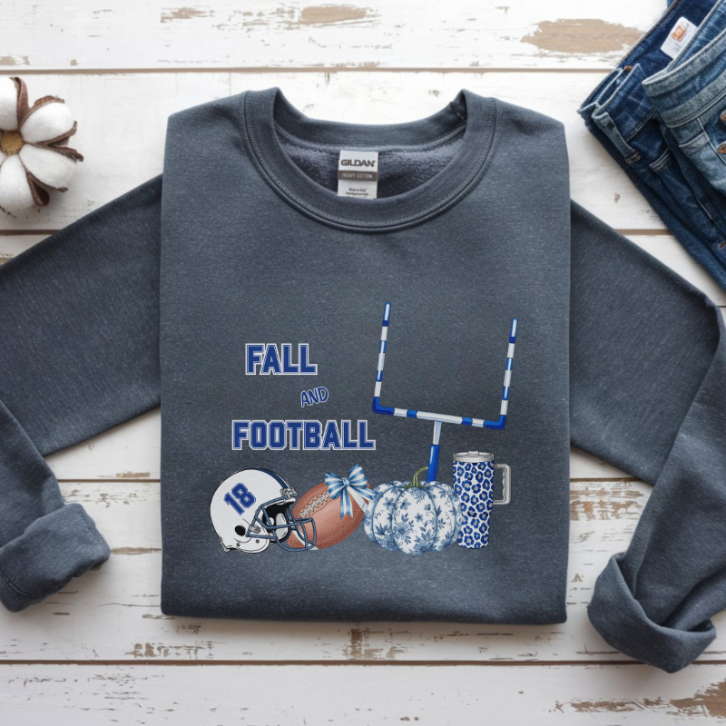 Fall and Football Crewneck Sweatshirt | Cozy Unisex Heavy Blend Game Day Sweater with Pumpkins & Goal Post | Autumn Sports Fan Outfit